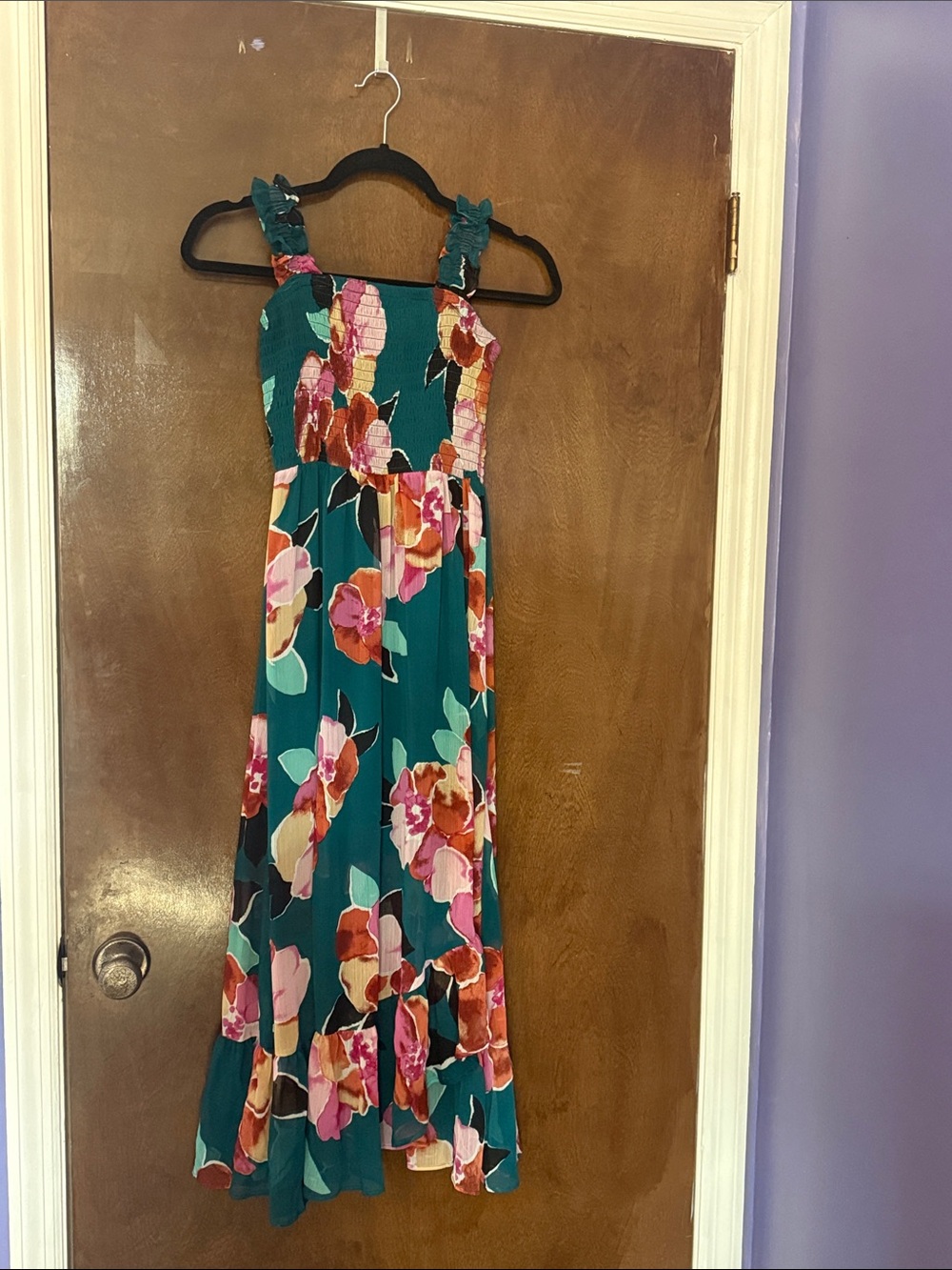 Teal Floral Maxi Dress with Ruffle Straps